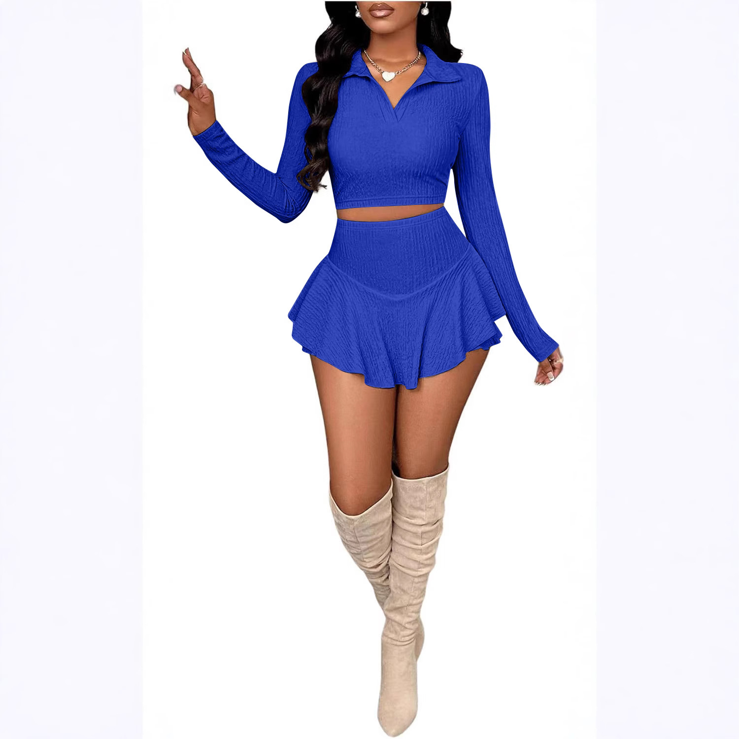 Fashion Solid Color Short Navel Ruffled Pearl Skirt Skirt Suit - Picture 4 of 12