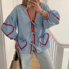 Women's Plaid V-neck Shirt Love Pocket Long Sleeve Loose Top - Plaid Blue - View 1