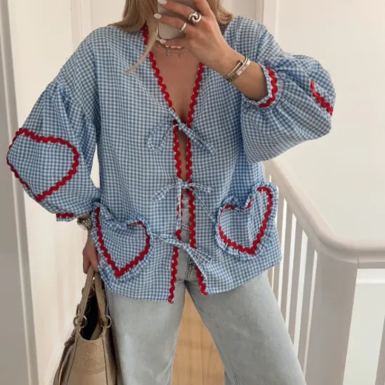 Women's Plaid V-neck Shirt Love Pocket Long Sleeve Loose Top - Plaid Blue