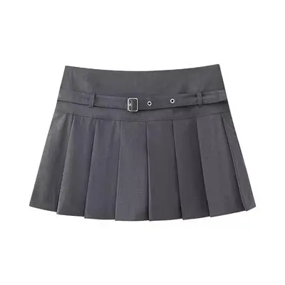 Low Waist Mini Plaid Casual Wide Pleated Culottes Skirt Dark Gray - Shop at LoveMi