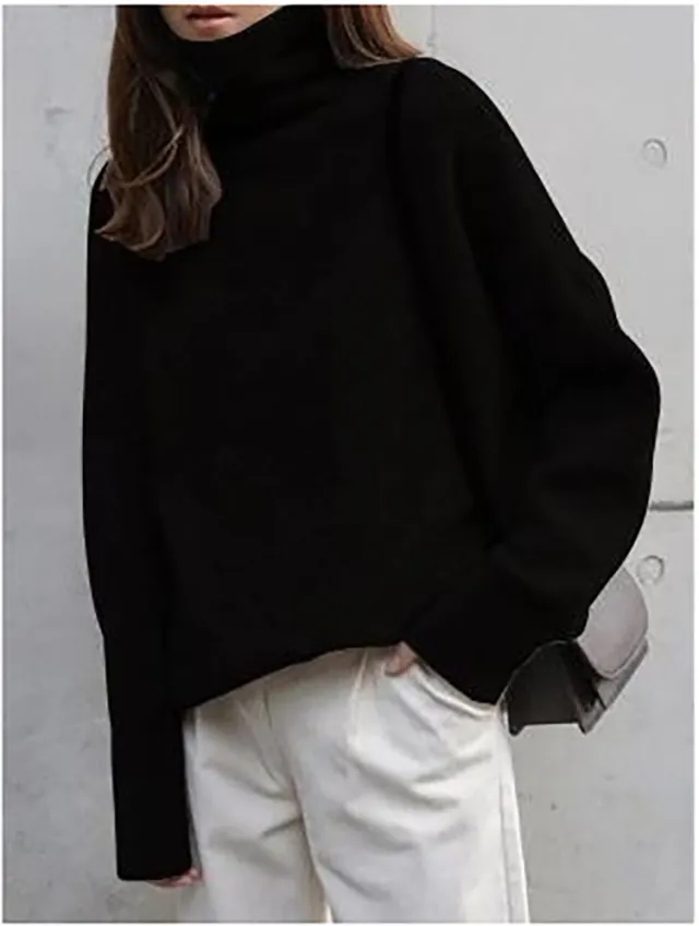 European And American Turtleneck Cashmere Sweater Women's Thickened Sweater Loose Pullover Lazy Knitted Plus Size Bottoming Shirt Black - Shop at LoveMi