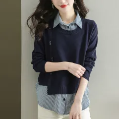 Western Style Women's Spring And Autumn Bottoming Shirt - Navy Blue - View 1