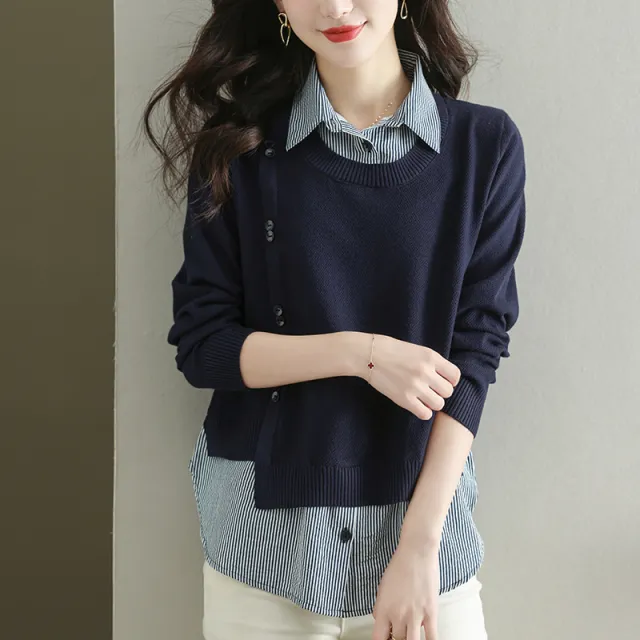 Western Style Women's Spring And Autumn Bottoming Shirt Navy Blue - Shop at LoveMi