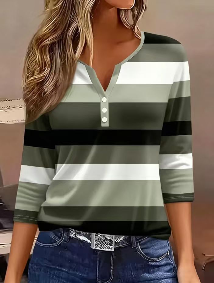 Womens V-neck Striped Three-quarter-sleeve Bottoming Shirt