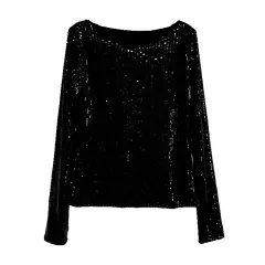 Retro Slimming Slim Fit Inner Wear Long Sleeve Sequined Bottoming Shirt - Black - View 1