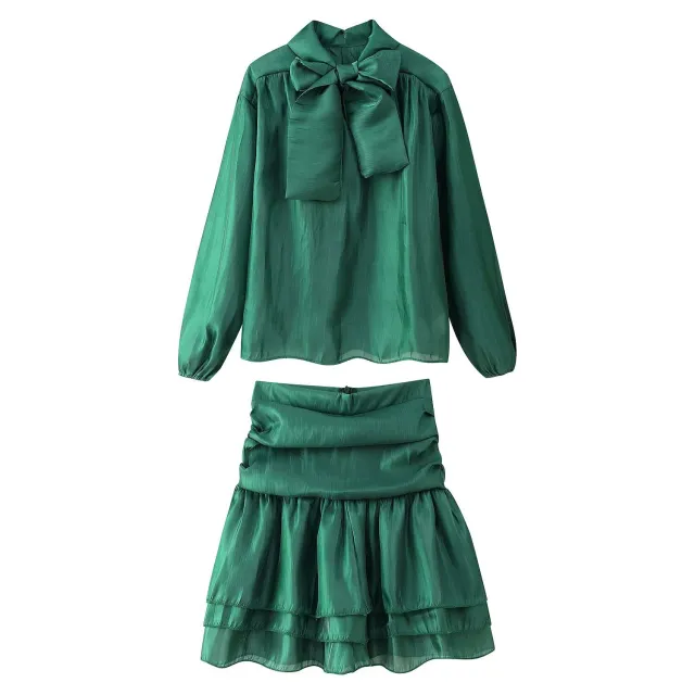 Women's Bow Tie Belted Shirt Top High Waist Shirred Skirt Two Piece Set Green - Shop at LoveMi