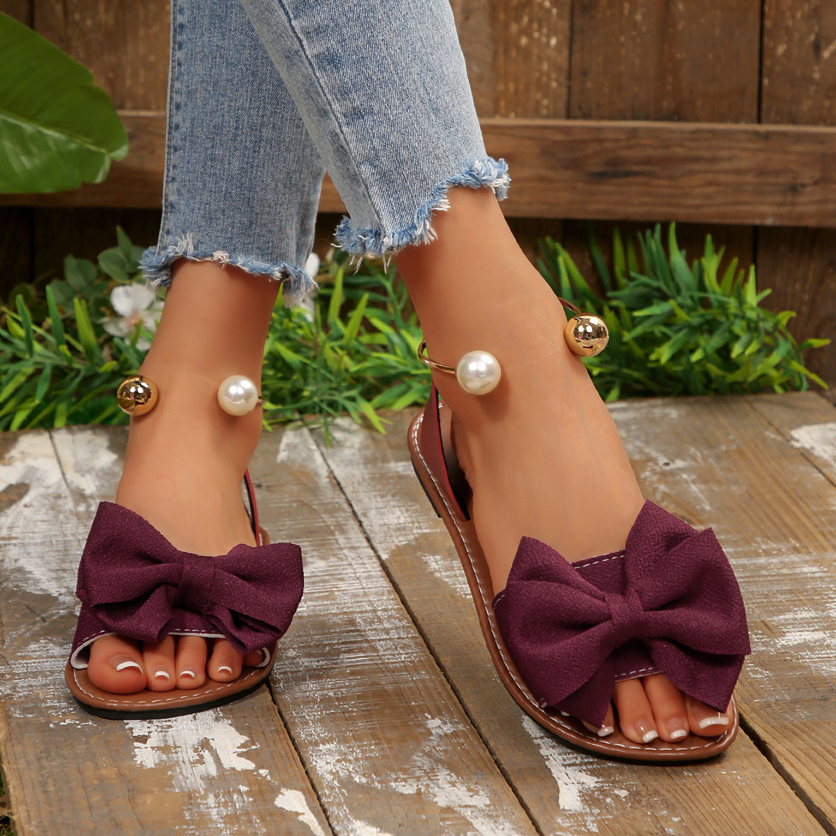 Fashionable Casual One-Strap Bow-Knot Outerwear Solid-Colored Flat Sandals