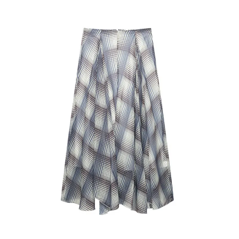 Spring And Summer European And American Style Snake Print Wide Hem Midi Skirt - Blue Plaid