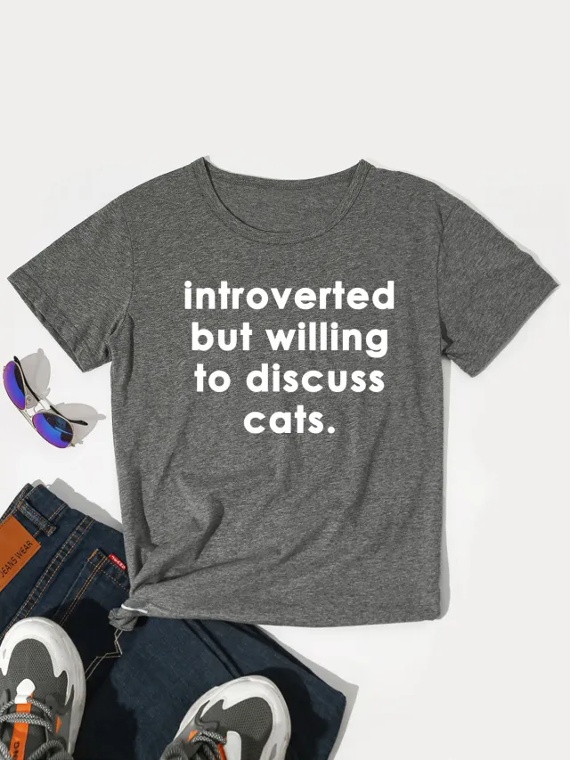 Women's Simple Printed Short Sleeve Dark Gray White Characters - Shop at LoveMi