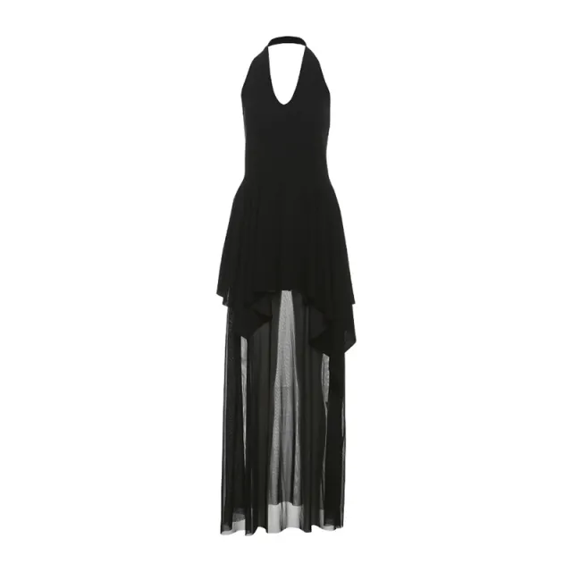 French Style V neck Backless Girdle Mesh Stitching Design Dress Women Black - Shop at LoveMi