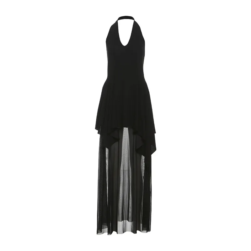 French Style V-neck Backless Girdle Mesh Stitching Design Dress Women - Black