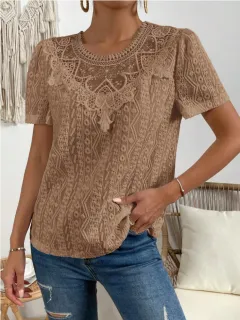 Lace Stitching Hollow Round Neck Solid Color Short Sleeve - Khaki - View 1