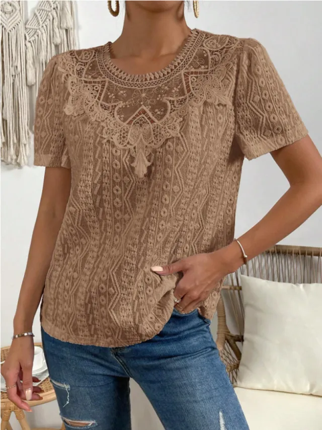Lace Stitching Hollow Round Neck Solid Color Short Sleeve Khaki - Shop at LoveMi