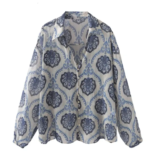 Women's Long Sleeve Loose Metallic Print Casual Shirt Blue - Shop at LoveMi