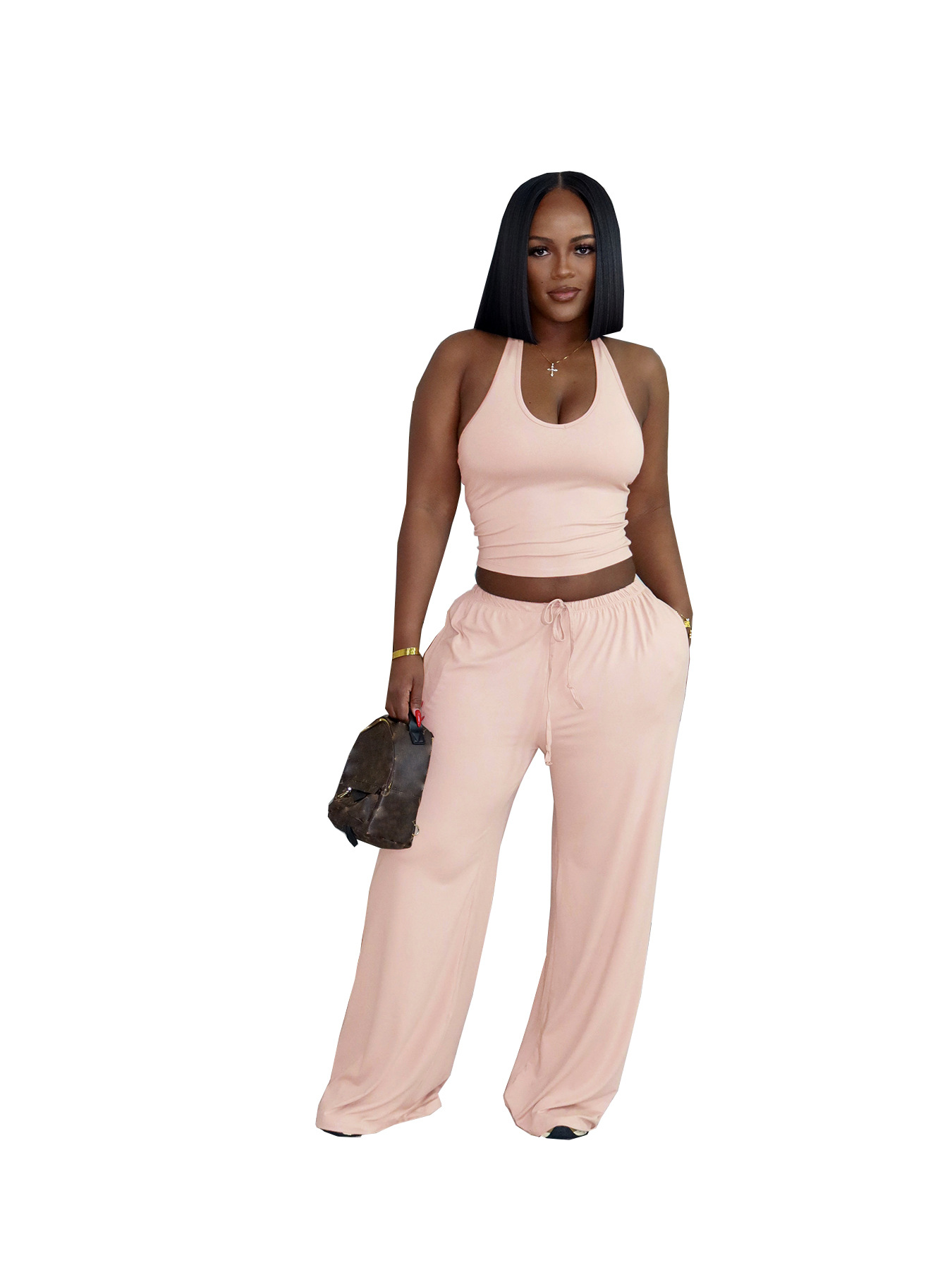 European And American Style Summer Solid Color Casual Halter Top And High-Waist... 9