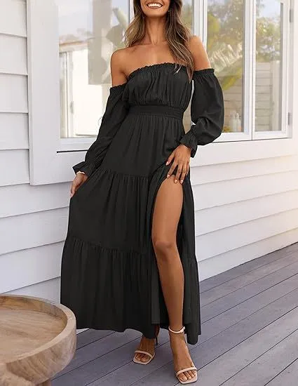 Elegant High waisted A line Layered Maxi Skirt With A Side Slit Black - Shop at LoveMi