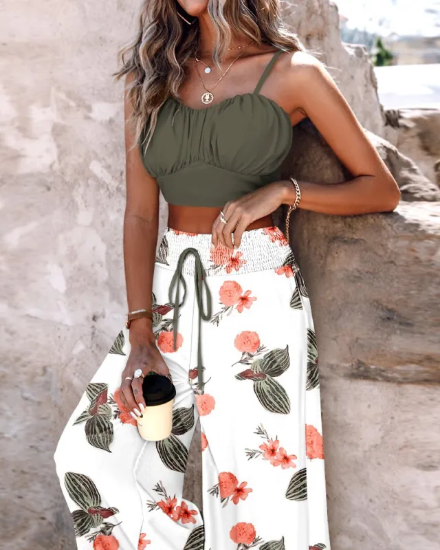 Summer New Commuter Two piece Printed Lace up Wide leg Pants Suit Gray - Shop at LoveMi