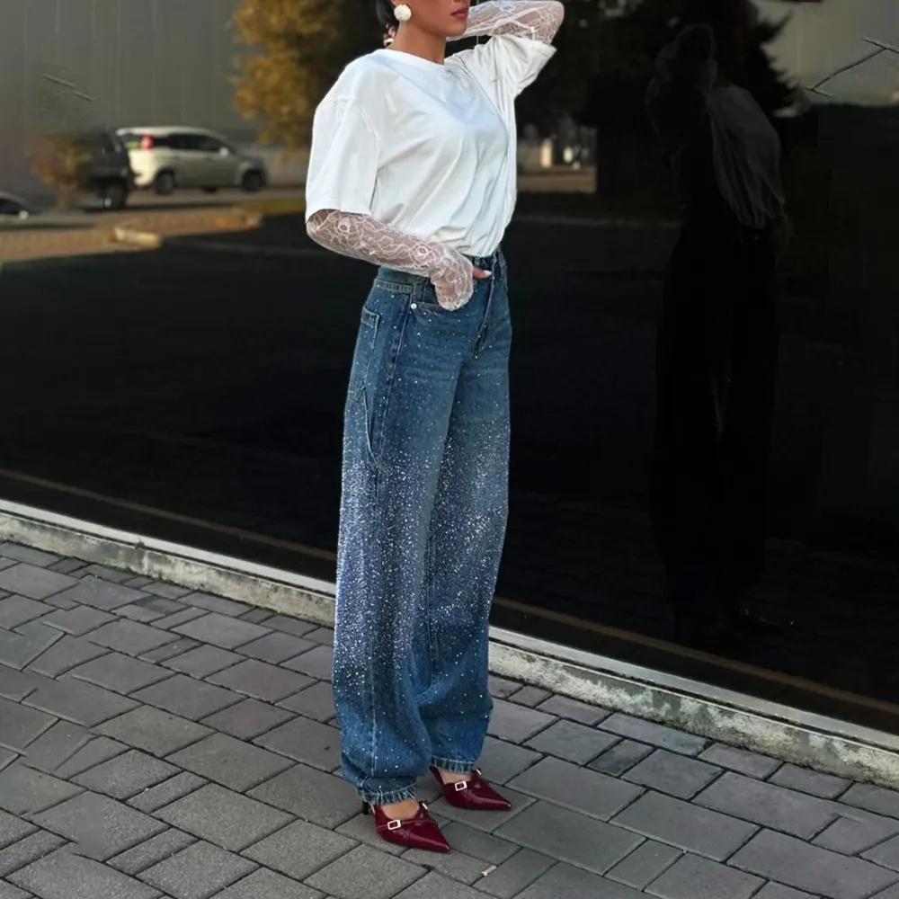 Starry Sky Rhinestone Denim Female Autumn Straight Pants - Blue