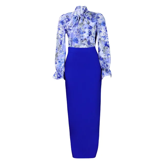 Printed Lace Up Long Sleeve Shirt Skirt Long Skirt Cross border Two piece Set Blue - Shop at LoveMi