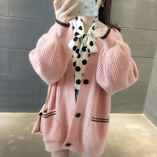Casual Laid back Style Gentle Outerwear Korean Style Knitted Coat Pink - Shop at LoveMi