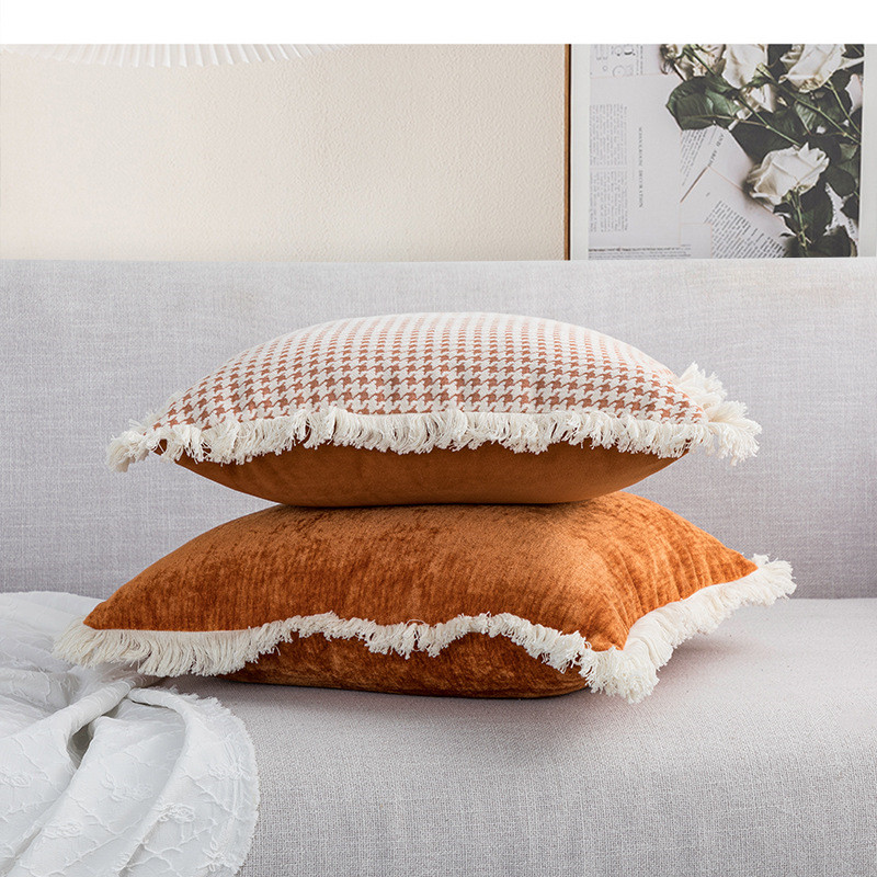 Tassel Lace Pillow Modern Wine Houndstooth Orange Cushion Cover