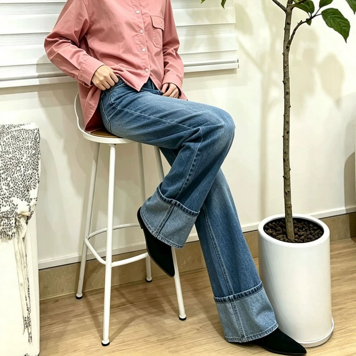 Womens Loose-fitting Versatile Straight-leg High-waist Flared Denim Wide-leg Pants