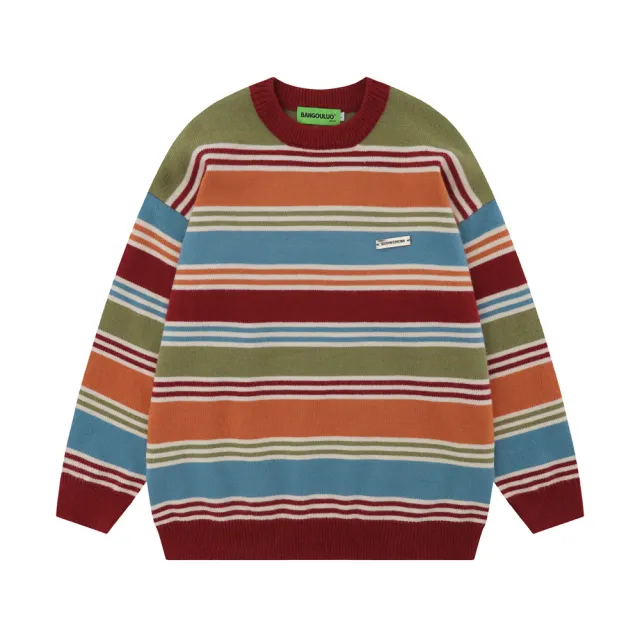 Contrasting Color Striped Loose Round Neck Sweater Red - Shop at LoveMi