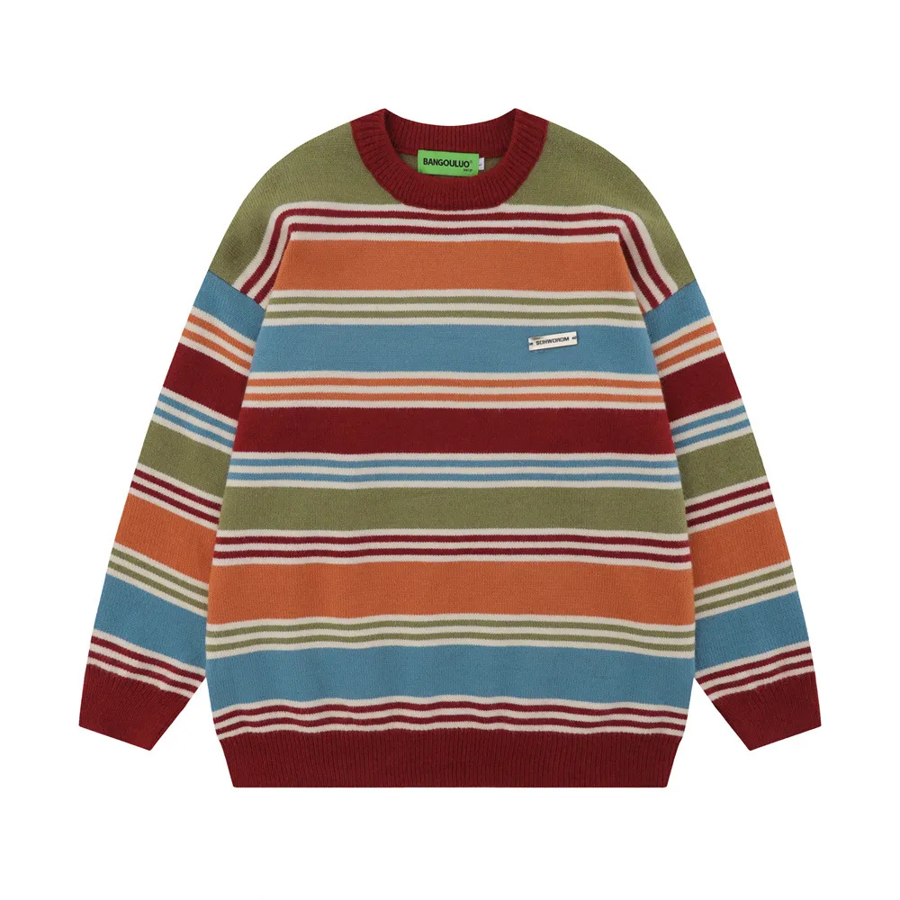 Contrasting Color Striped Loose Round Neck Sweater - Red