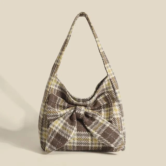 Plaid One shoulder Simple Underarm All match Commute Tote Bag Khaki - Shop at LoveMi
