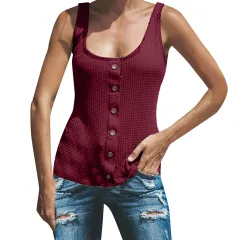 Women's U-neck Solid Color Sleeveless Breasted Vest T-shirt Top - Red - View 1
