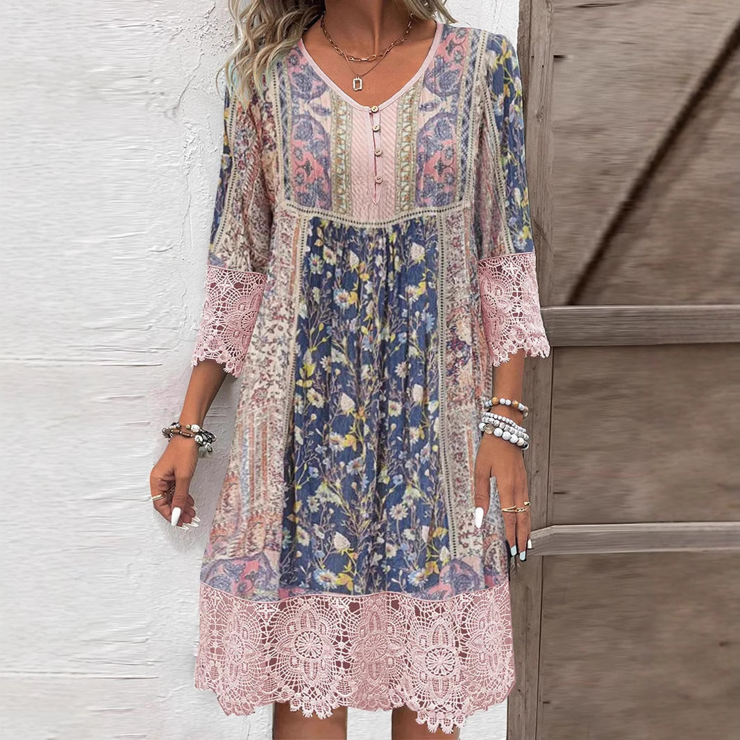 Spring And Summer Retro Printed Lace Women's Clothing Dress