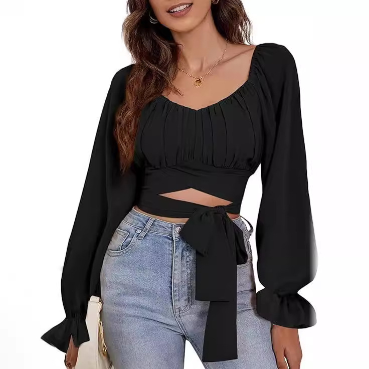 Top Women's Exposed Navel Lantern Sleeve Off-the-shoulder Collar