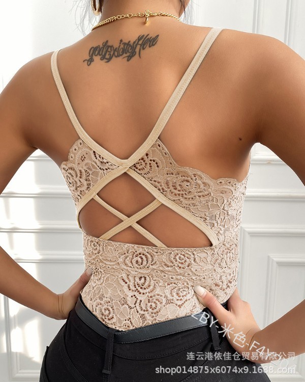 Lace Plus Size Spaghetti Straps Outerwear Vest Women's Slim Fit Inner Wear Bottoming Shirt Beige - Shop at LoveMi
