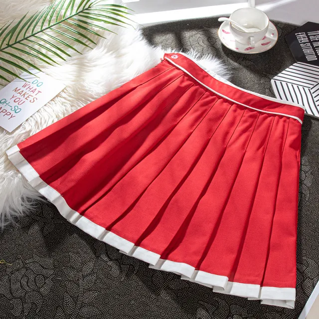 Contrast Color Pleated High waisted Red New Year A Line Skirt Red - Shop at LoveMi