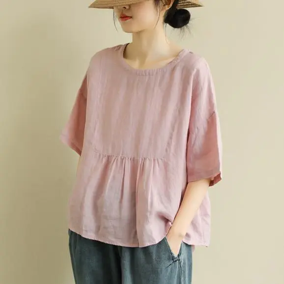 Short Sleeve Loose Round Neck Imitation Cotton And Linen Top Pink - Shop at LoveMi