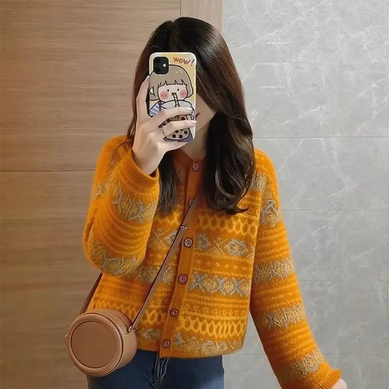 Jacquard Sweater Knitted Cardigan Coatlaid-back Uniquely Ethnic-style