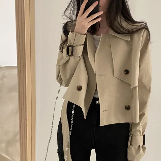 Retro Lapels Lace up Loose Solid Color Suit Collar Long Sleeve Khaki - Shop at LoveMi