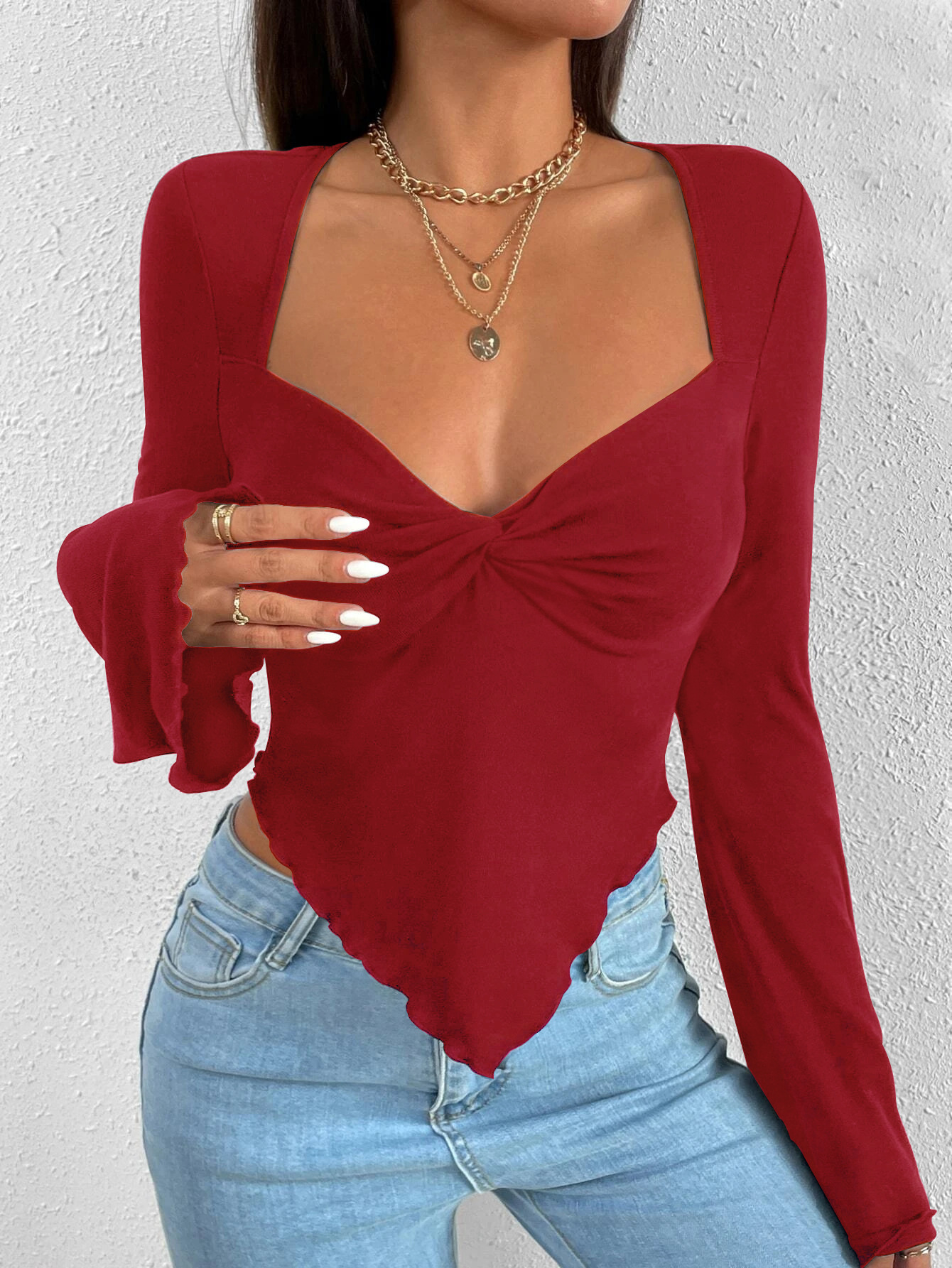 V-neck Flared Sleeves Waist Trimming Knitted Long Sleeve T-shirt - Picture 13 of 14