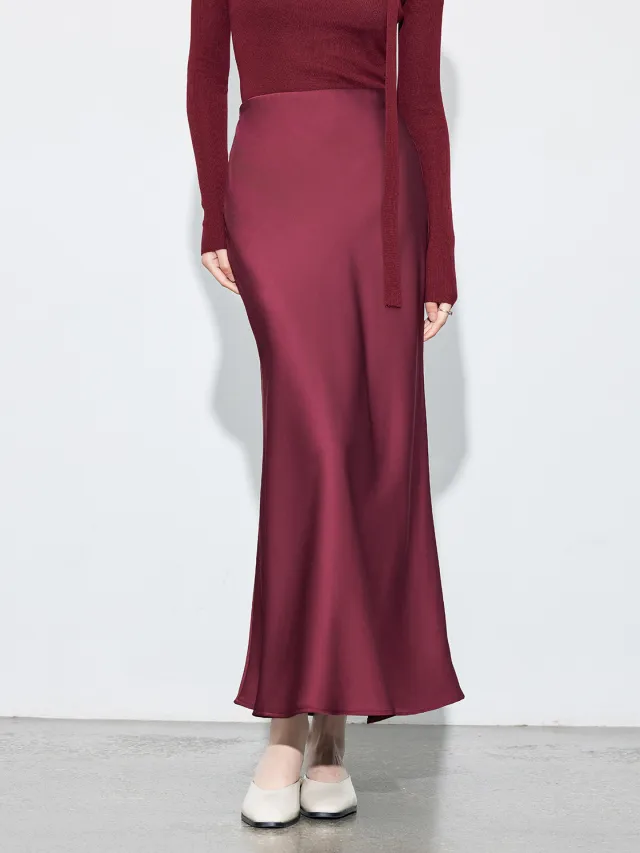 Oblique Cut Glossy Silky Half Body New Acetate Satin Temperament High Waist Fishtail Skirt Wine Red - Shop at LoveMi