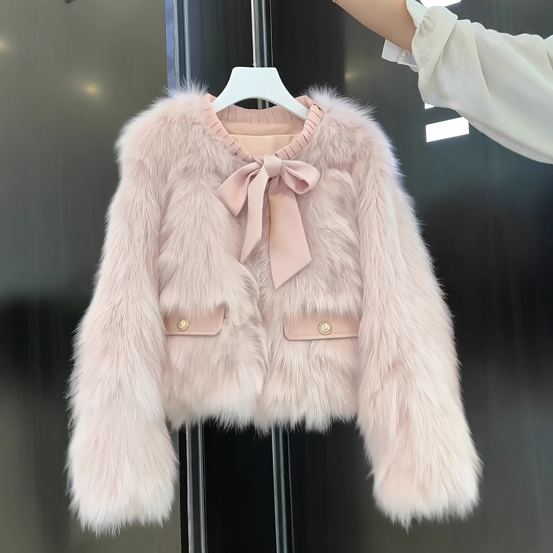 Women's Casual Leather And Fur Coat With Bow-tie Tassel Trim