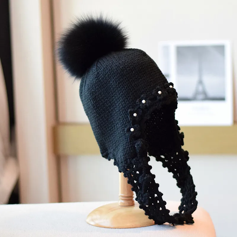 Fox Fur Ball Nail Pearl Long Braid Woolen Cap Female - Black