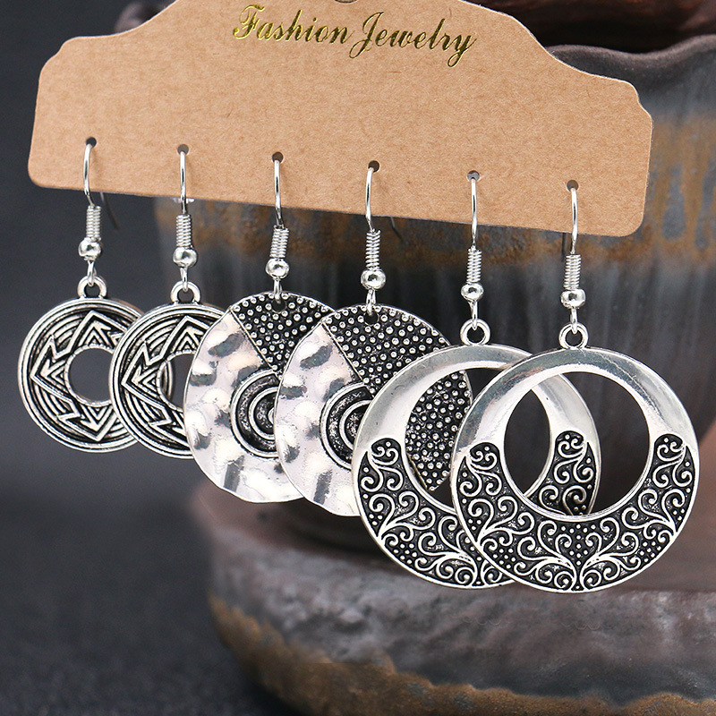 Handmade Ornament Earrings Retro Personality Alloy Three-piece Suit