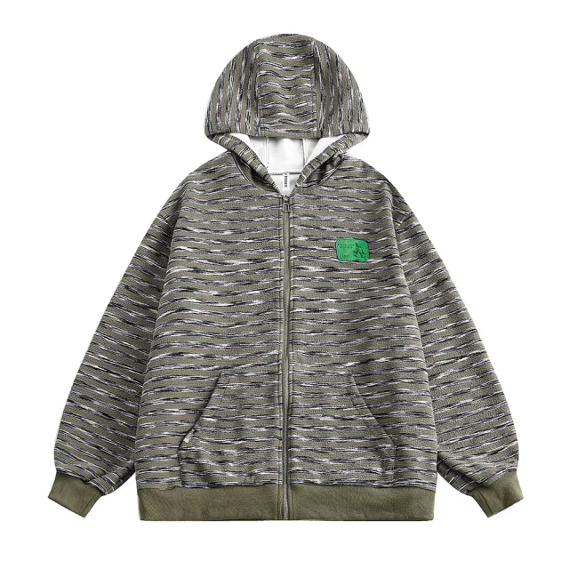 Retro Lazy Striped Hooded Cardigan Sweater Coat Dark Green - Shop at LoveMi