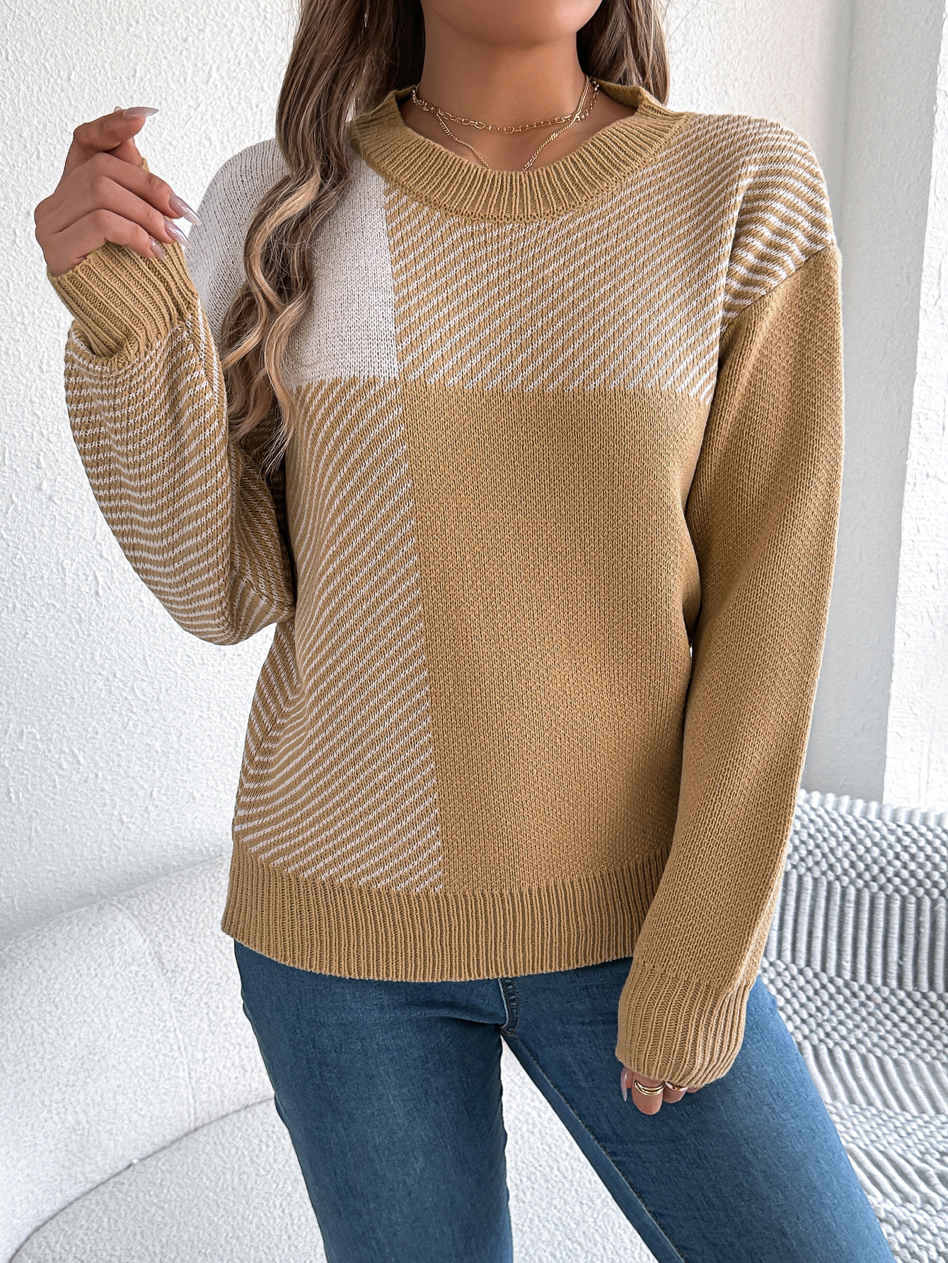 Casual Color-Block Plaid Long-Sleeve Pullover Sweater