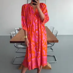 Women's Printed Button V-neck Loose Dress - Red - View 1