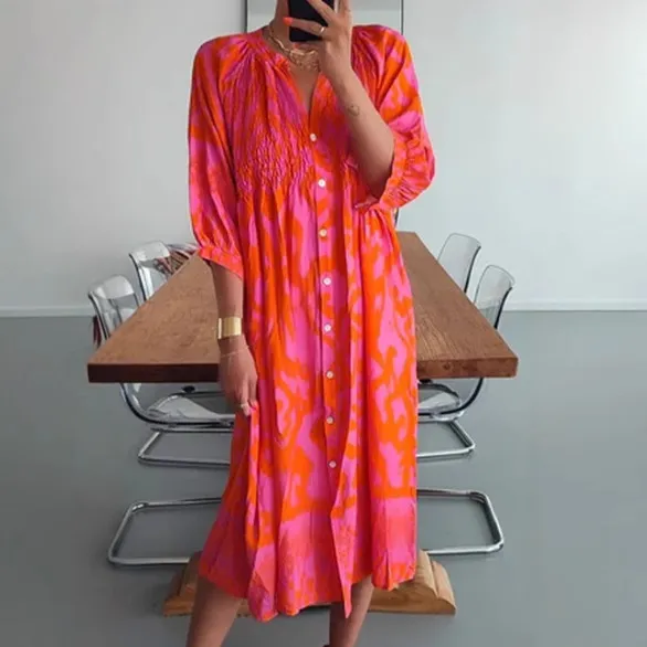 Women's Printed Button V neck Loose Dress Red - Shop at LoveMi