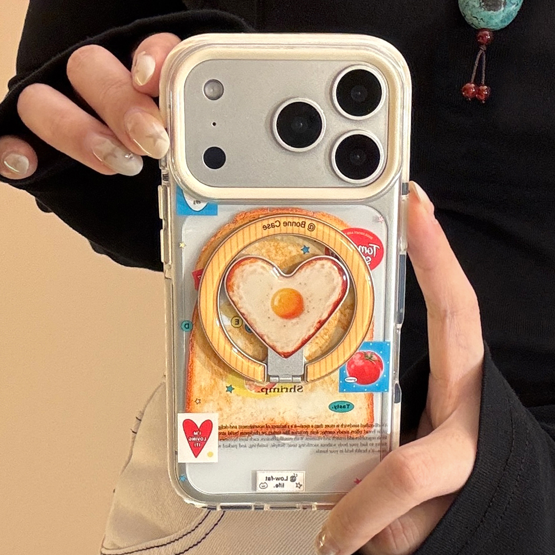 Toast And Fried Egg Heart Shaped Magnetic Phone Stand Case - Transparent Compatible
