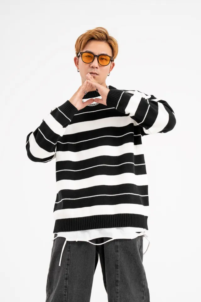 Vintage Stripe Simple Casual Dopamine Slimming Sweater Black - Shop at LoveMi