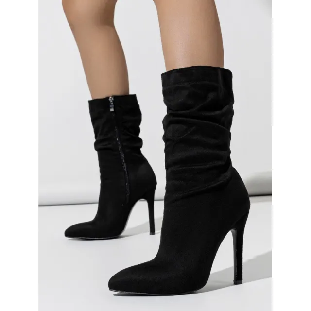 New Style Natural Wrinkle Stiletto Pointed Toe Fashion All match Street Middle Boots Black - Shop at LoveMi