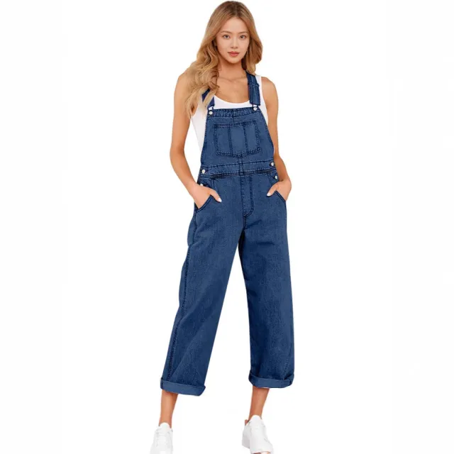 Loose Women's Denim Suspender Pants Dark Blue - Shop at LoveMi